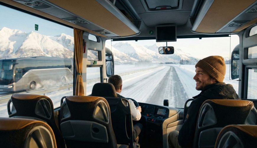 Araçsız kış tatili için İstanbul'dan kalkan bir otobüsün karlı yol manzarası