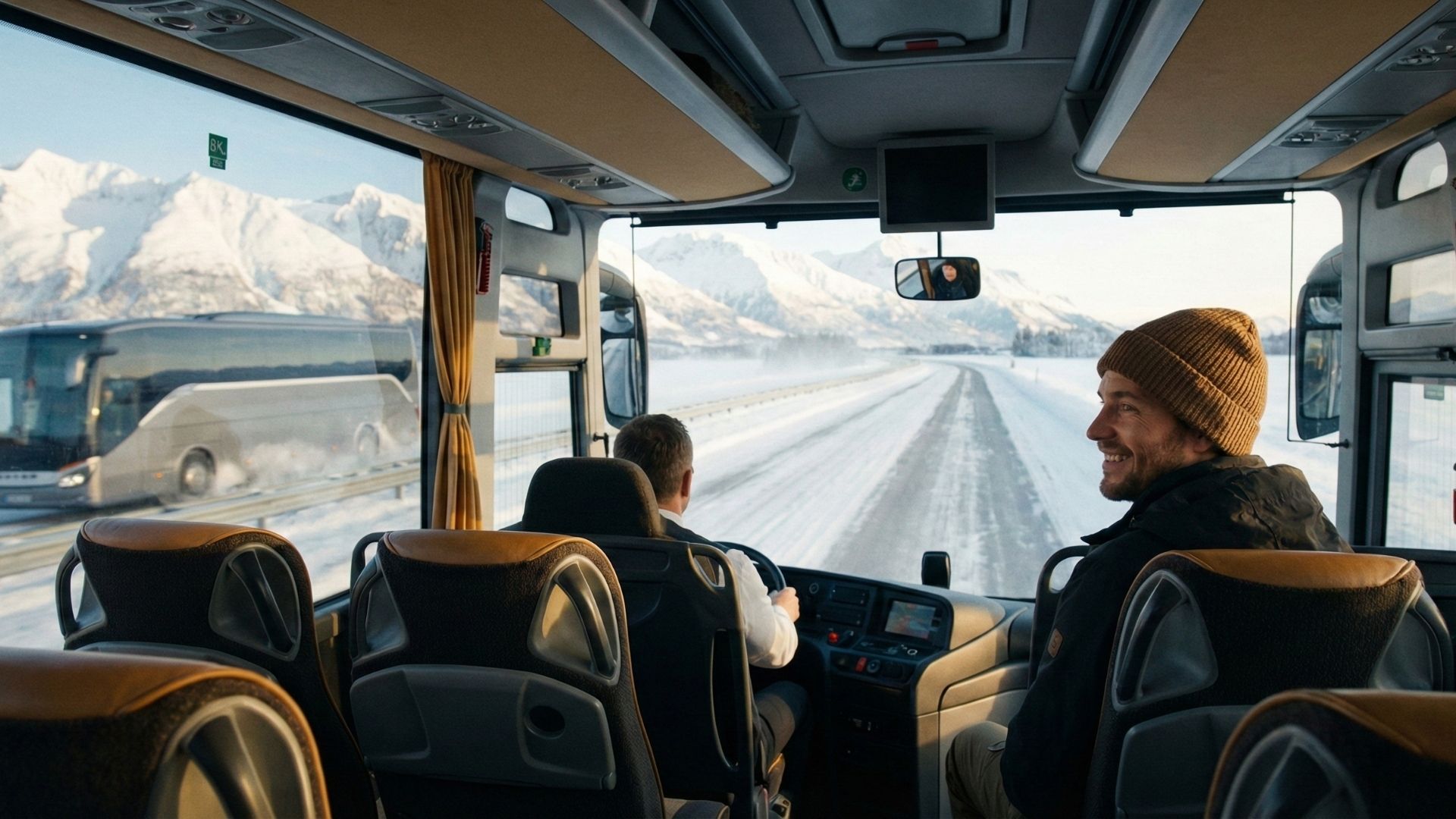 Araçsız kış tatili için İstanbul'dan kalkan bir otobüsün karlı yol manzarası