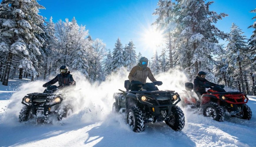 Kartepe'de kar üzerinde ATV safari turu yapan insanlar