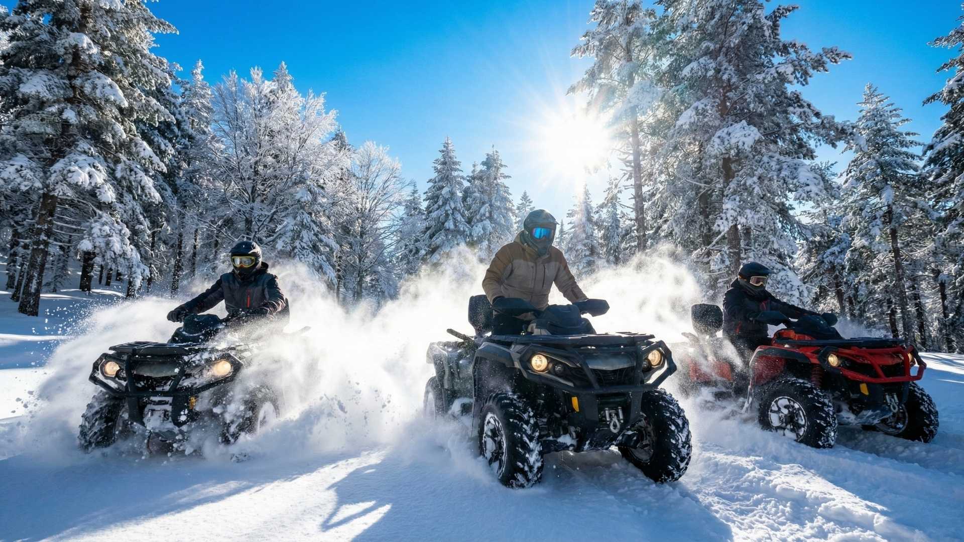 Kartepe'de kar üzerinde ATV safari turu yapan insanlar