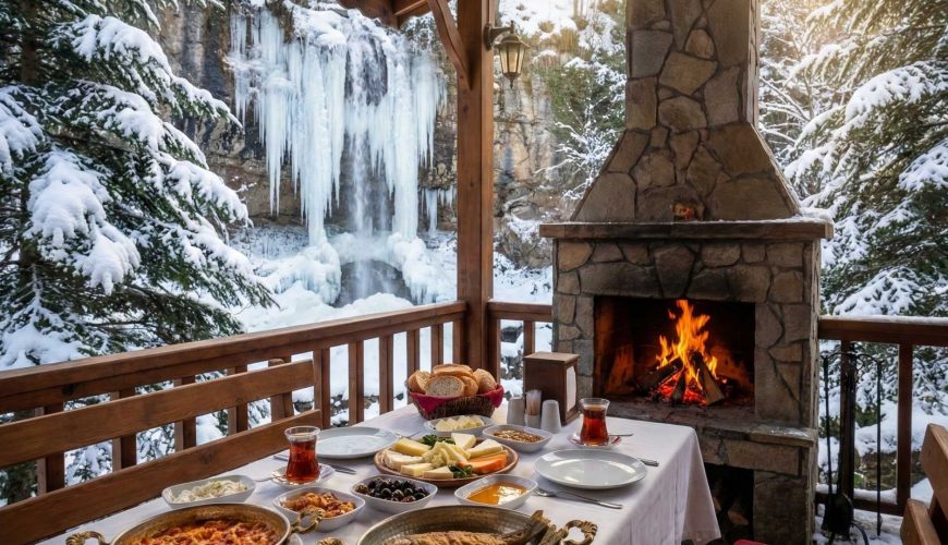 Maşukiye kış rehberi için şelale kenarında şömineli bir restoran manzarası
