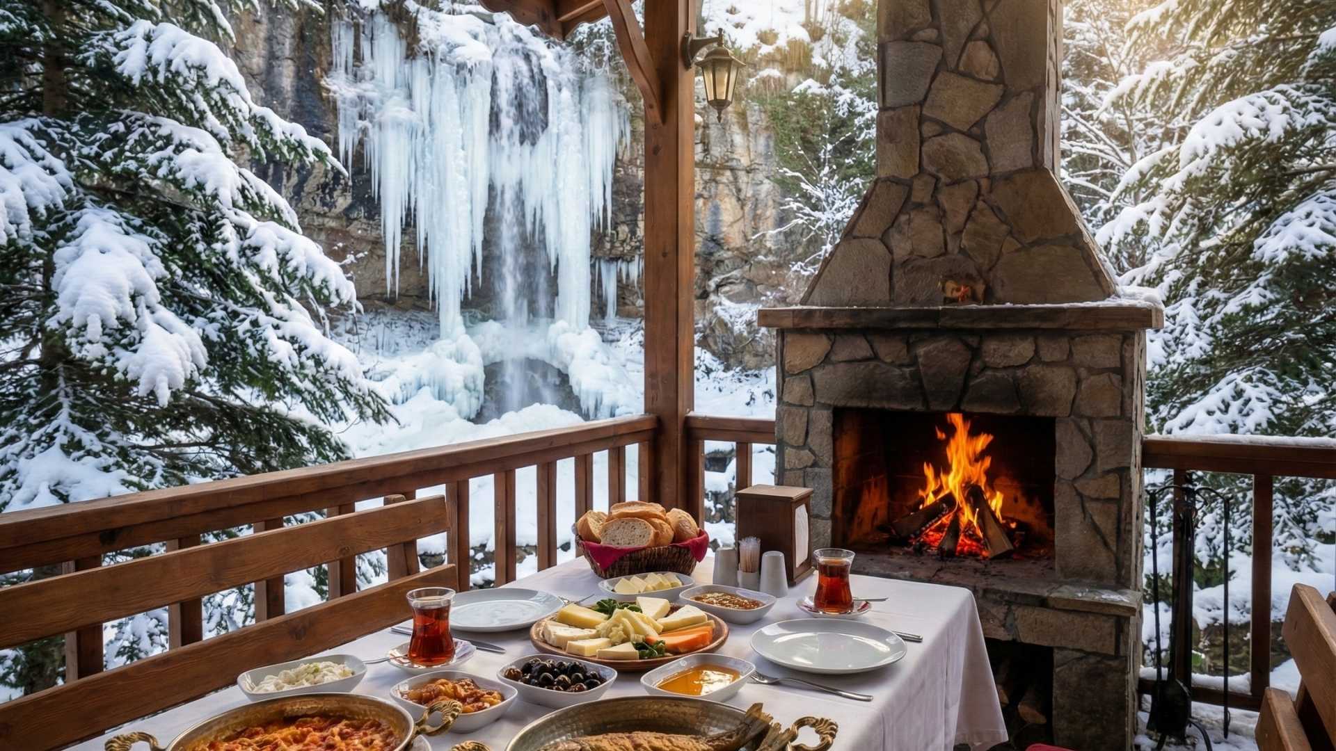 Maşukiye kış rehberi için şelale kenarında şömineli bir restoran manzarası
